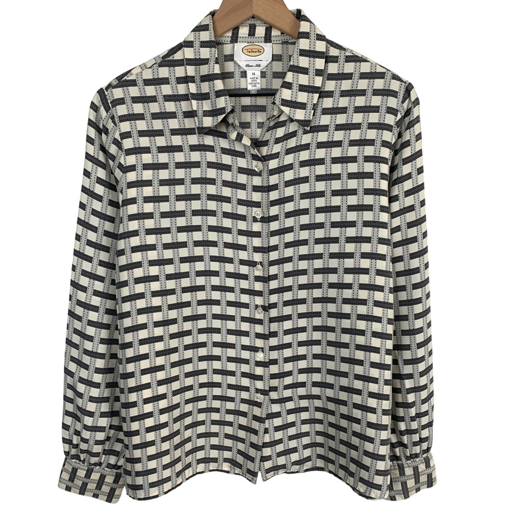 TALBOTS Pure Silk Geometric Basketweave Blouse Sz 14 Ivory Gray